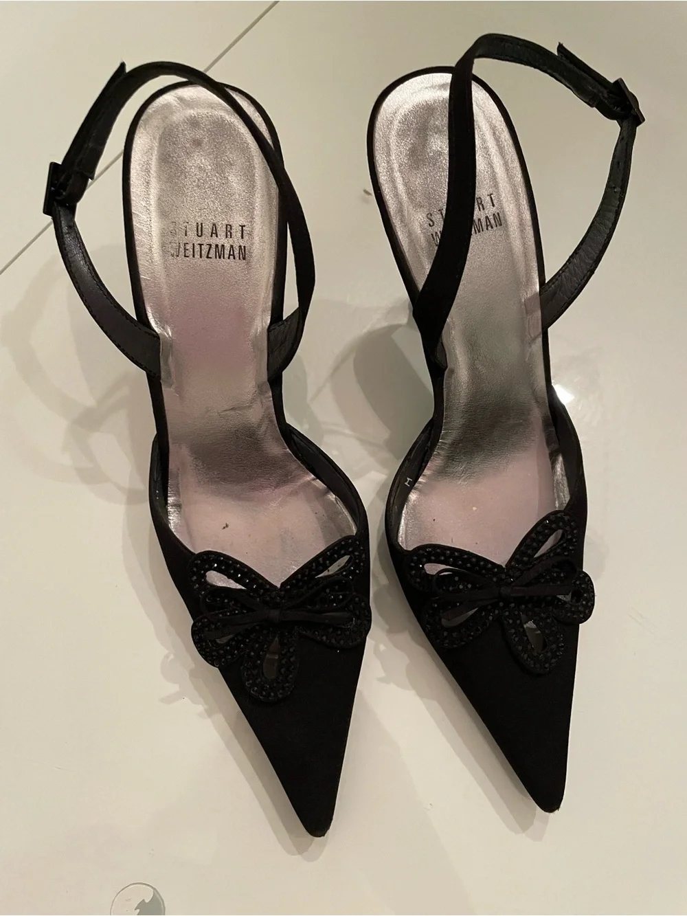 Stuart Weitzman Black Beaded Bow Slingback Heels
